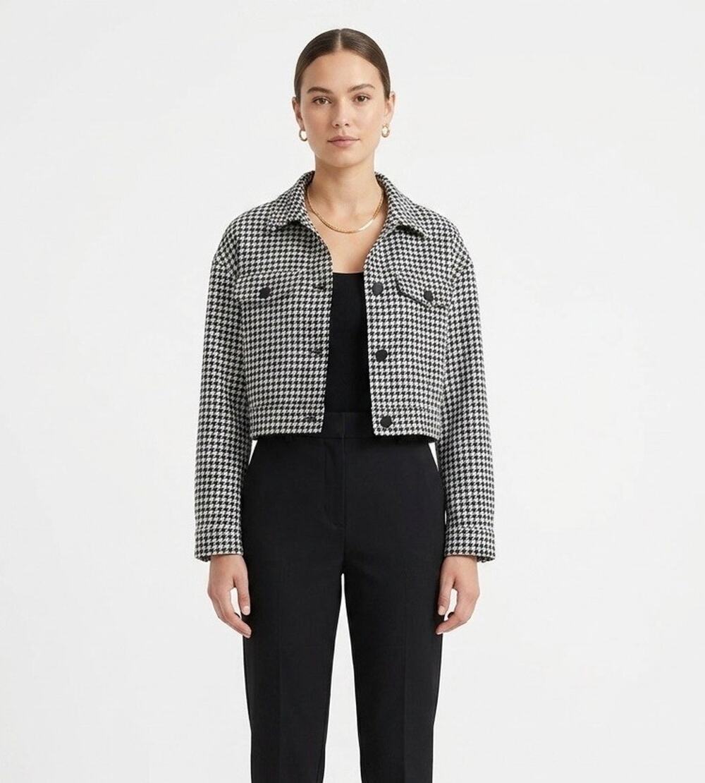 Houndstooth Cropped Jacket Medium Black White Plaid Academic Preppy Academia